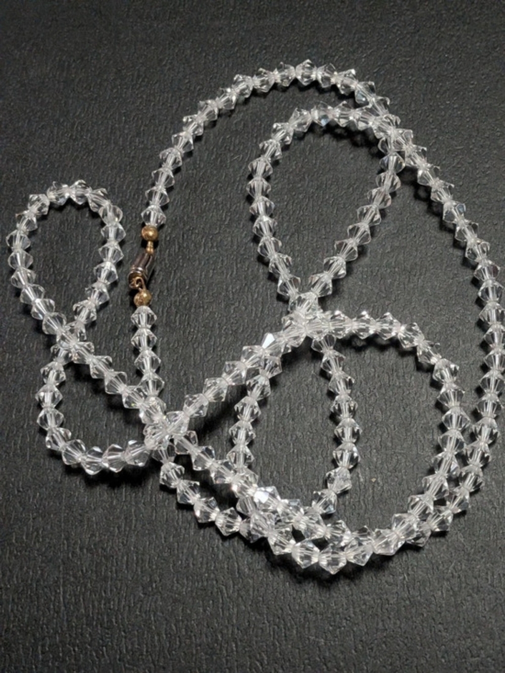 Vintage Faceted Clear Crystal Bicone Bead Necklace 31” Barrel Clasp